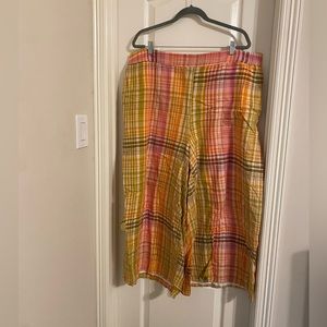 Eloquii breezy wide leg cotton pants w pockets in pink orange & green plaid